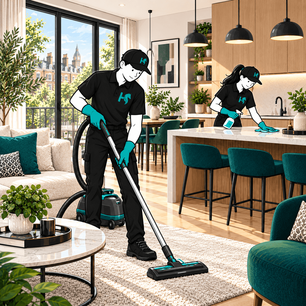 TaskHorse cleaners vacuuming the rug and wiping the kitchen island in a London flat
