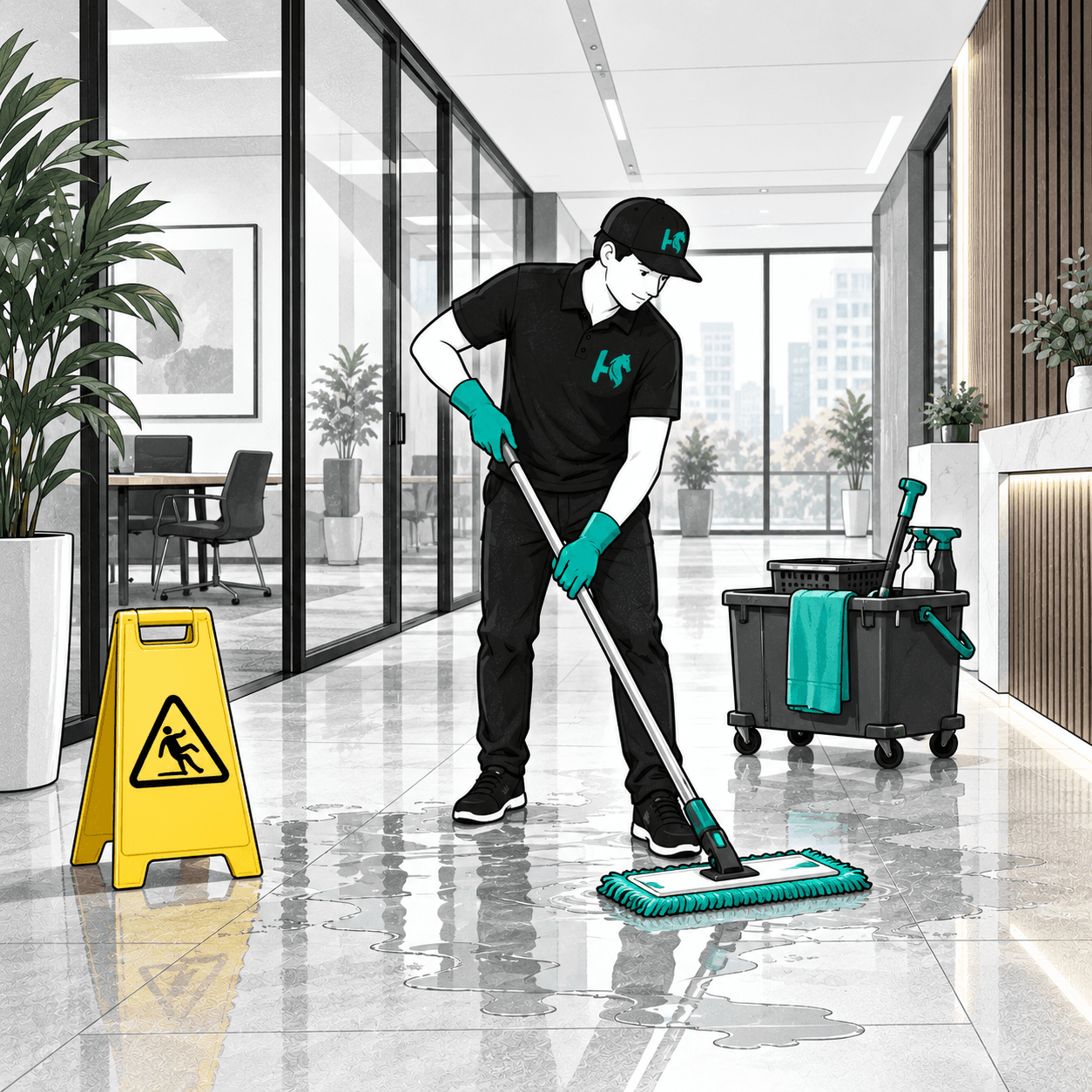 TaskHorse cleaner mopping up a spill in an office lobby behind a wet floor sign