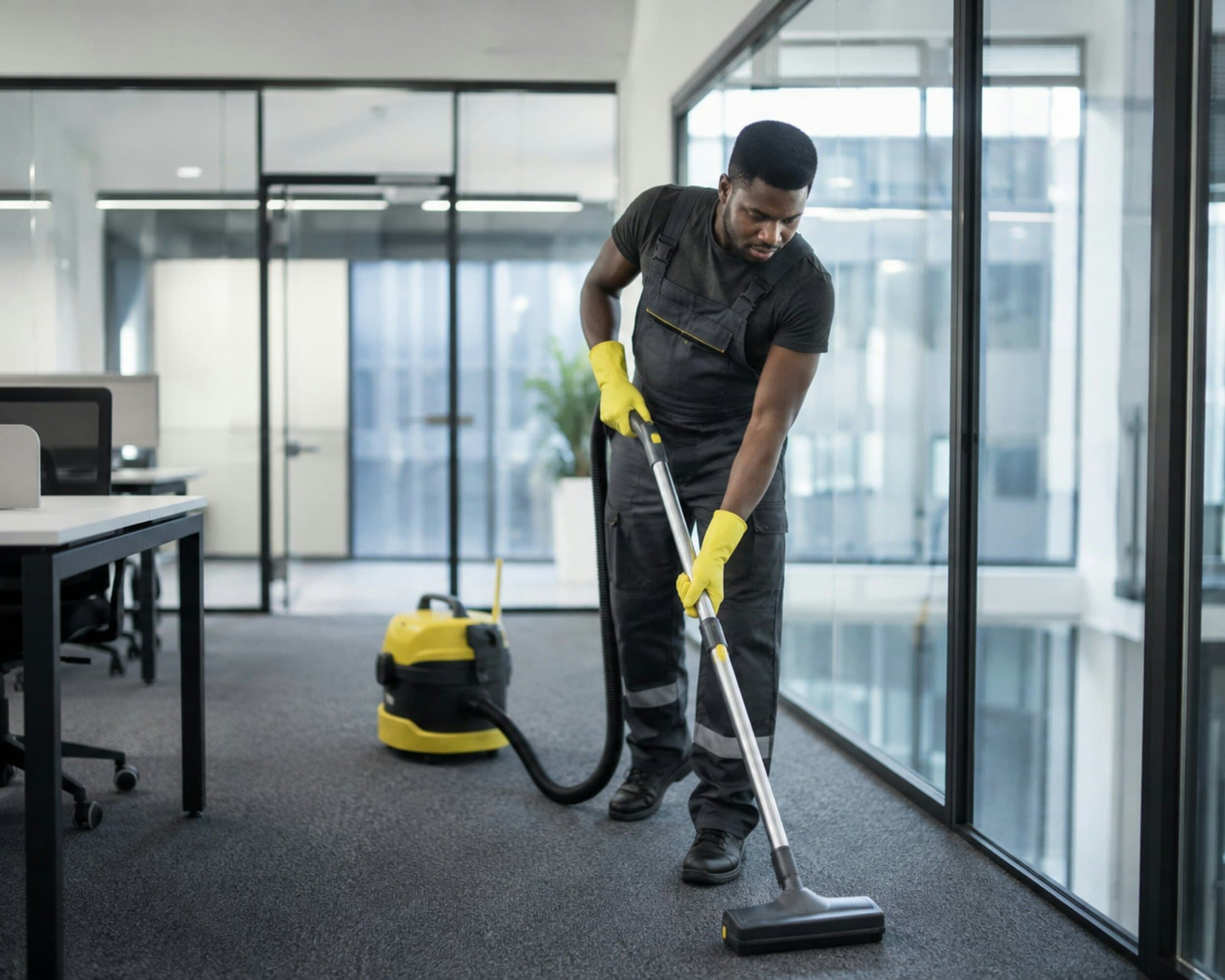 TaskHorse cleaner vacuuming a modern London office
