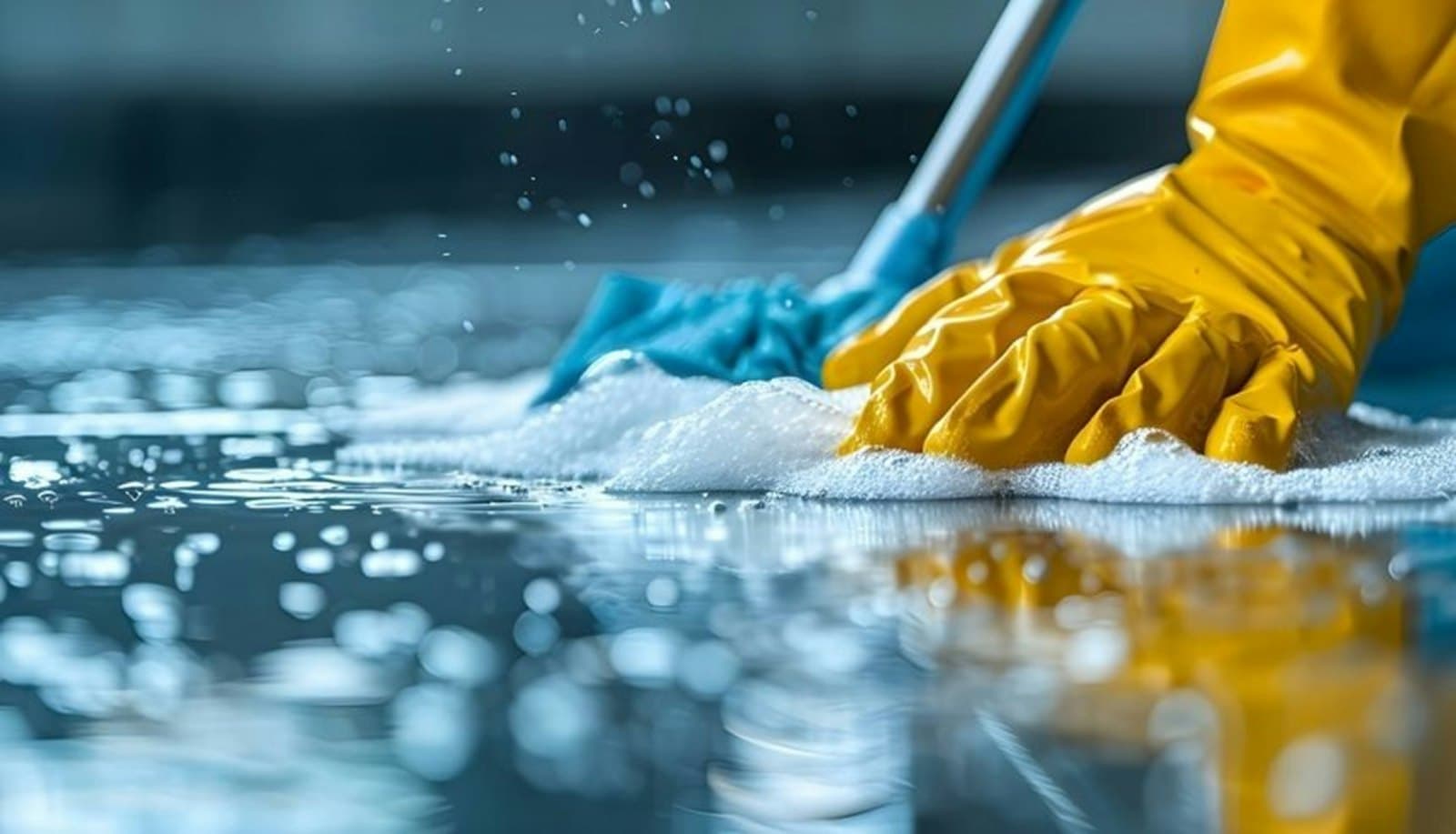 Gloved hands scrubbing a wet surface during a deep clean
