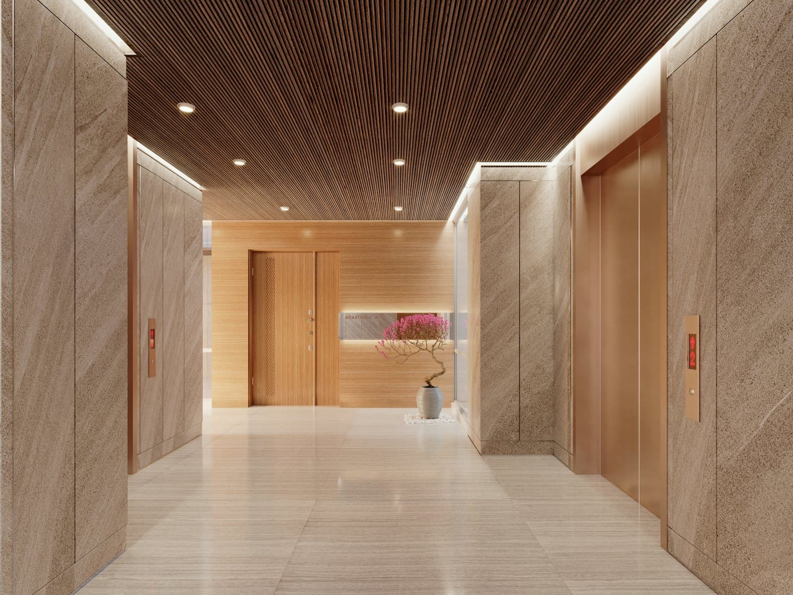 Clean residential building lobby with wood panelling