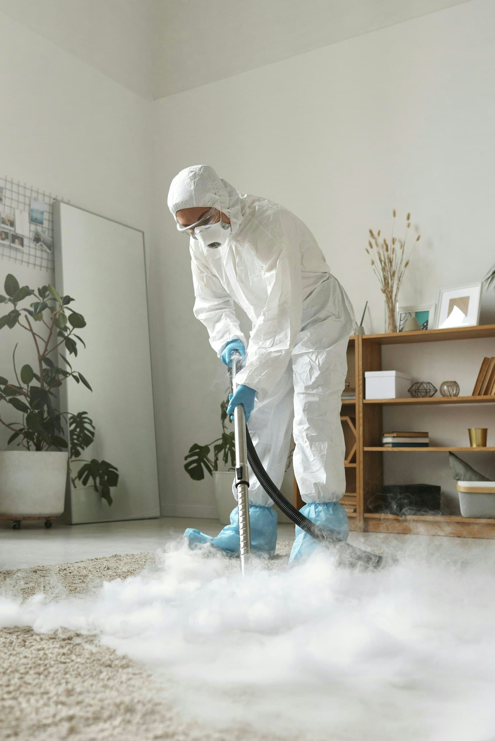 Operative in protective suit spraying disinfectant in an office