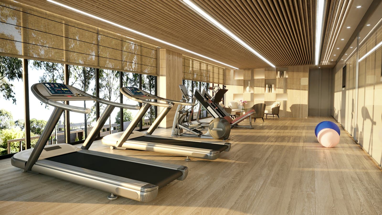 Bright gym floor with treadmills