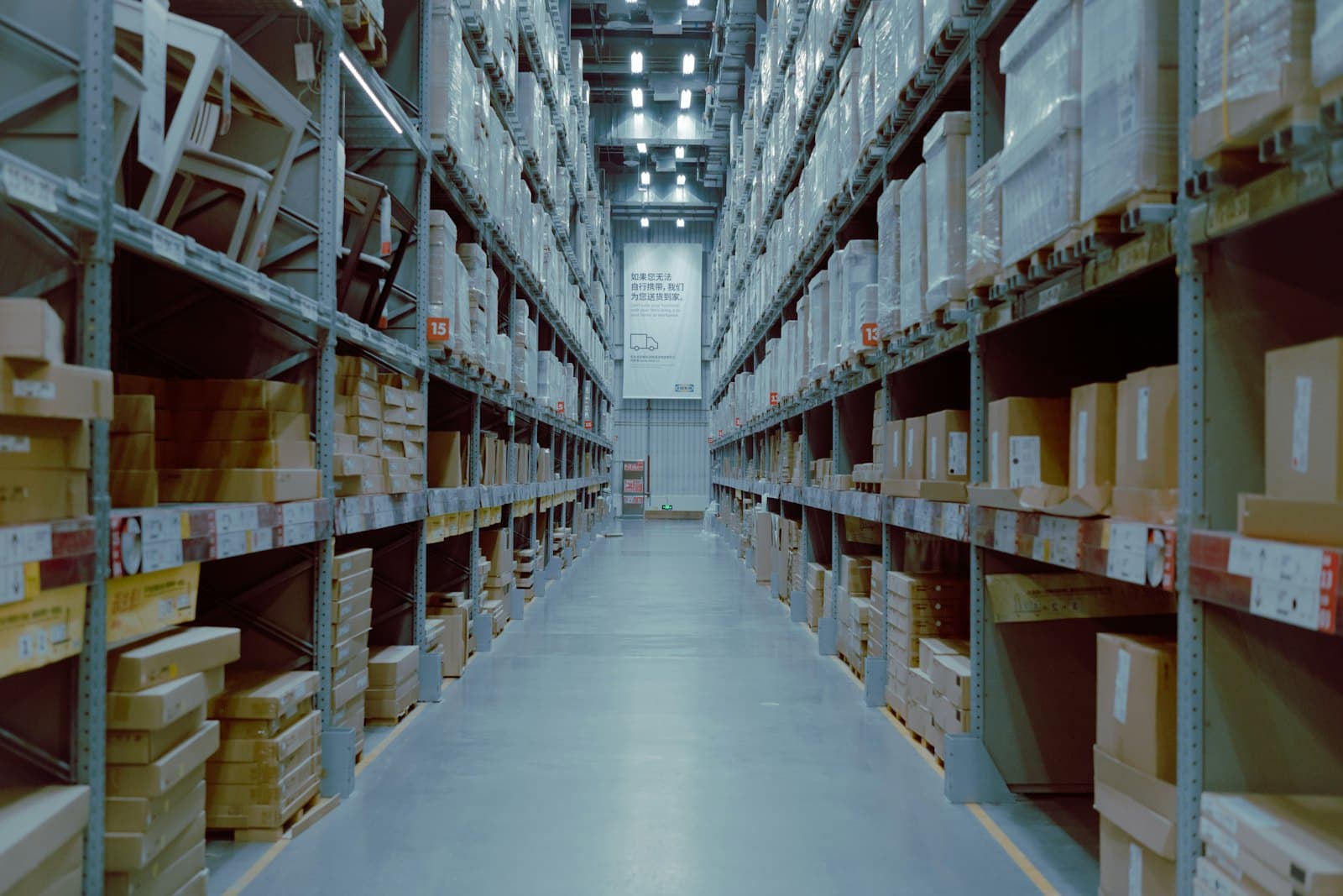 Warehouse aisle with tall racking